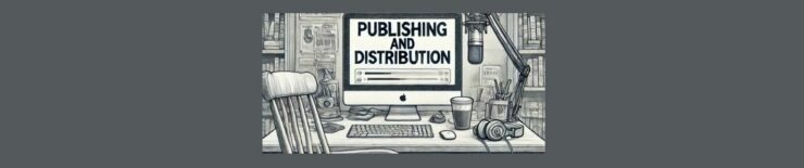 Publishing and Distributing Your Podcast. Dark grey background. Square in center. Pencil sketch a desk, with microphone, keyboard, earphones, and a monitor, PUBLISHINGG AND DISTRUBUTION in bold black letters, a long bod with lines. A empty wood chair, a cup, plant in vase. In the back ground, a portion of a book shelf, on either side.