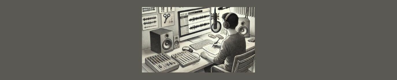 Recording and Editing Your Podcast. Dark gray background, black and white square of person sitting at a desk, headphones on , microphone, speakers pen and paper, keyboard, screen with black lines ( audio) top and bottom. Two boxes on the left with knobs and dials . The wall has white papers with black lines (audio), a pair of scissors in another one. 