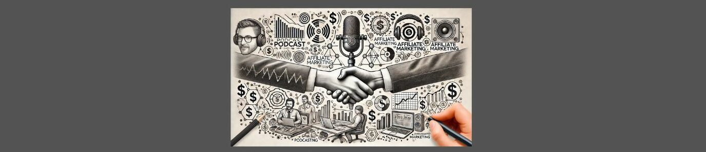 Affiliate Marketing and Podcasting Exploring the Crossovers (2).
Dark gray background, white square in the middle. Pencil sketch of Affiliate Marketing and Podcasting crossing over.  Foreground, two arms, shaking hands, white sleeves, dark jacket, the left side has zig zags going up and down. Microphone, earphones around a bullseye, charts and graphs, laptop, $ signs, man with headphones on, a man sitting at a desk, a man sitting in a chair etc.