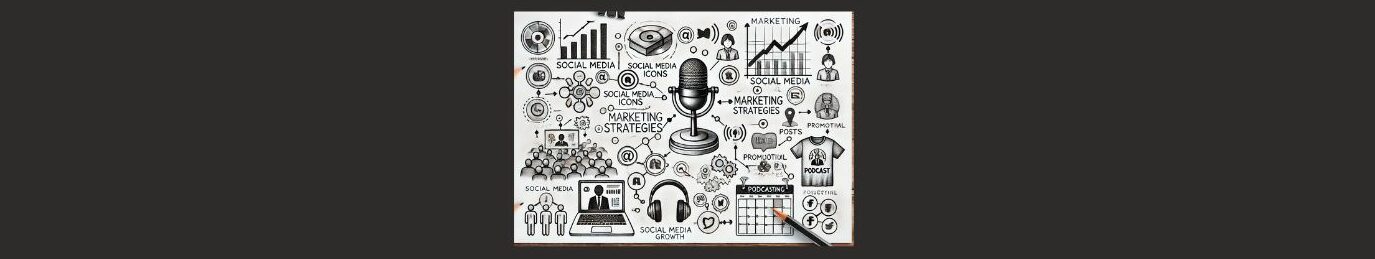 Effective Marketing Strategies for Podcasters (2).  Black background,  white square. Pencil sketch of marketing strategies for podcasters.  Microphone in the center, images depicting social media, marketing graphs, laptop, headphones, calendars, group of people, t shirt etc. 