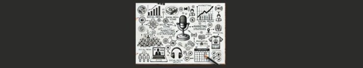 Effective Marketing Strategies for Podcasters (2). Black background, white square. Pencil sketch of marketing strategies for podcasters. Microphone in the center, images depicting social media, marketing graphs, laptop, headphones, calendars, group of people, t shirt etc.