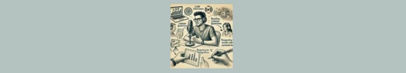 Engaging Your Podcast Audience (8).
Light gray background. Square in center. Pencil sketch, a man sitting in a chair, t-shirt, dark hair, watch on left wrist. Headphones on. A microphone in front of him. Around the man, open laptop with LIVE on the screen, sound icon, a lady with headphones on, a hand holding a pencil, a hand holding a tablet with graphs on it, a stand with a white board, a man with headphones on. 