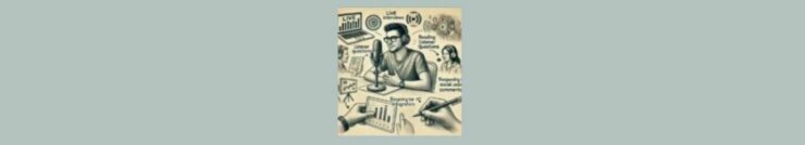 Engaging Your Podcast Audience (8). Light gray background. Square in center. Pencil sketch, a man sitting in a chair, t-shirt, dark hair, watch on left wrist. Headphones on. A microphone in front of him. Around the man, open laptop with LIVE on the screen, sound icon, a lady with headphones on, a hand holding a pencil, a hand holding a tablet with graphs on it, a stand with a white board, a man with headphones on.