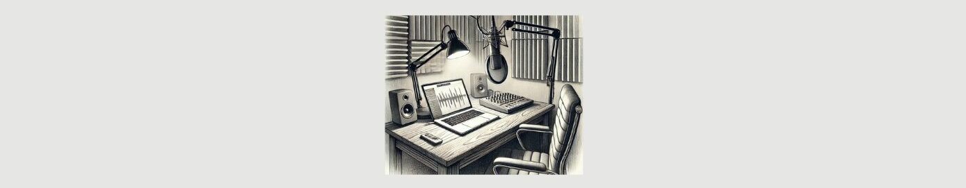 Make Money with Podcasting (2).
Light gray background. Square in the center. Pencil sketch of a podcasting room. Soundproof boards on the walls, a wood desk with 2 speakers, open laptop, sound board with knobs, and dials, A desk lamp and a desk microphone on a long arm. A desk chair. 