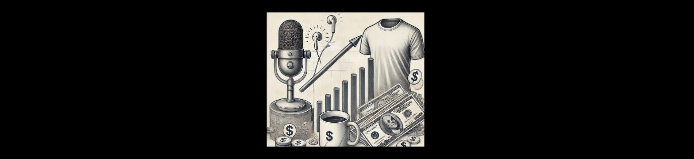 Monetization Strategies for Podcasters (4). Black background. Pencil sketch. Microphone on a stand to the left, stacks of coins with $ signs, coffee cup, with $ sign, stacks of cash, coins scattered. Earphones to the right of the microphone, vertical bar graph with a thick arrow moving upward. T-shirt. 