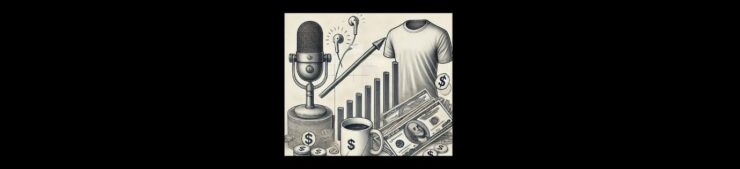 Monetization Strategies for Podcasters (4). Black background. Pencil sketch. Microphone on a stand to the left, stacks of coins with $ signs, coffee cup, with $ sign, stacks of cash, coins scattered. Earphones to the right of the microphone, vertical bar graph with a thick arrow moving upward. T-shirt.