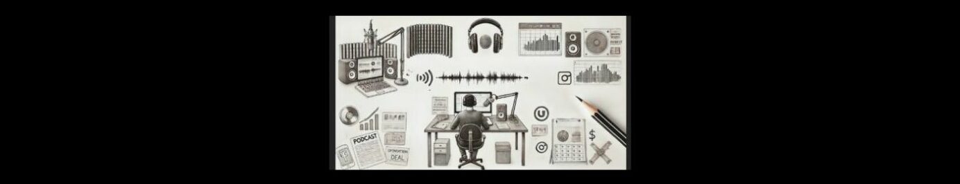 Podcast Guide (3). 
Black background, pencil sketch, depicting a guide to podcasting, from creation to monetization,  Clockwise, a studio with soundproof board, speakers on either side of a open laptop, a tabletop microphone on the right - 3 sided soundproof board - earphones- vertical bar chart, a square with standing speakers and a round speaker, another veritcal bar chart, a calander, black pencil laying down, $ sign a circle with a U in it and another circle, and a "x" - person sitting at a desk, monitor, speaker, table top microphone on the right, papers on the left, two boxes on the floor - 5 papers