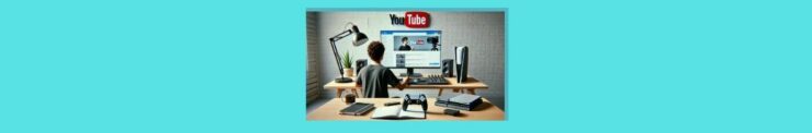 How to Start a YouTube Channel for Gaming (10). Light blue background, white brick walls in background. You Tube icon on the wall, black You, red bubble with Tube in white letters. 2 wood desks, the forefront has a console, and controller, open notebook with white pages, Other desk has a tall black desk lamp, plant and a black speaker on the left, on the right a black speaker, game console, sound board, black keyboard in the center. A person sitting between the table, dark gray t-shirt, dark curly hair.