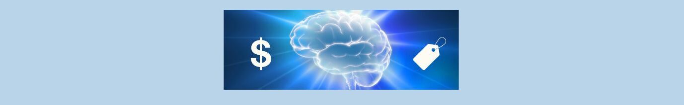 The Psychology Of Pricing In Affiliate Marketing (1).
Dark blue to light blue background, illuminated rays spreading out from a silver brain in the center. On the left, a white dollar sign, on the right a white price tag. 