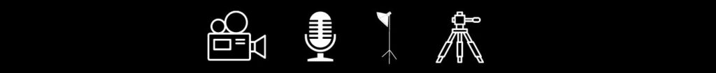 Choosing The Right Equipment for Your YouTube Channel (6).
Black background, white graphics, camera, microphone, lighting and tripod. 
