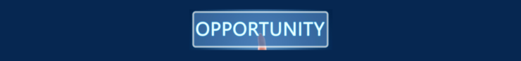 Opportunities in Affiliate Marketing 2025. Dark blue background, a long light blue box in the center OPPORTUNITY in white letters, a light blue boarder. Faint pink finger in the background, center.