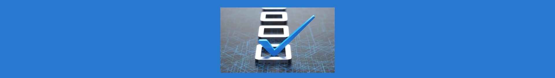 Affiliate Marketing Checklist. Medium blue background. Square inside black with medium blue lines, 3 raised silver boxes, the one in front with a raised blue checkmark