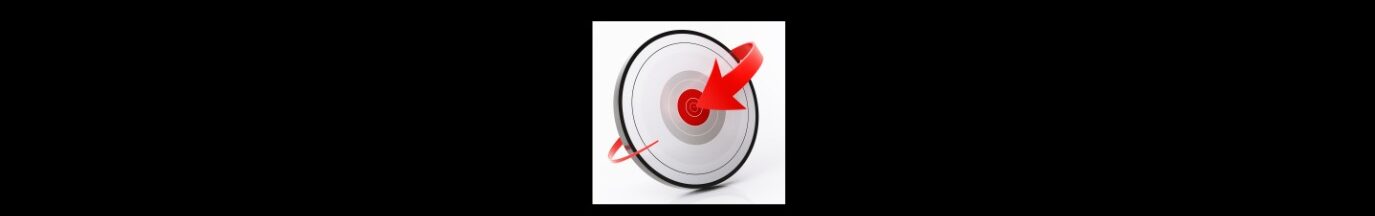 Using Retargeting For Affiliate Marketing Campaigns (3). Dark gray background, white square in the center. Black rimmed target with white center, gray thin line. Red center, a red arrow, the tail on the front, around the back and over the side to point to dead center.