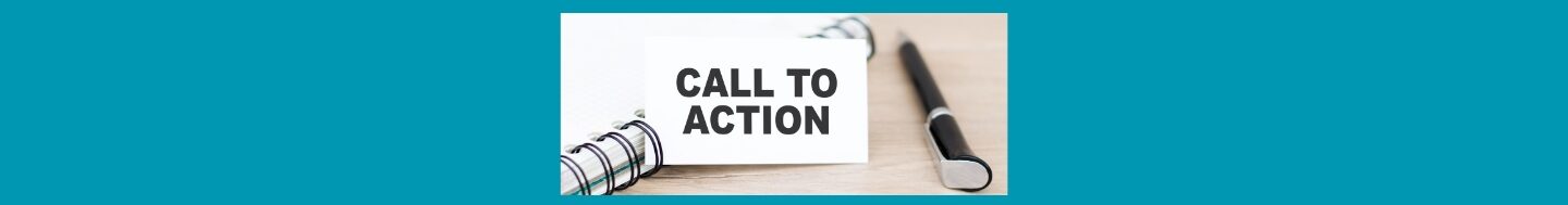 Writing Effective Call-to-Action In Affiliate Marketing. Medium blue background, square in center, light brown table, white lined notebook with black rings, a white card with CALL TO ACTION in black letters, and a black pen with silver tip and clip.