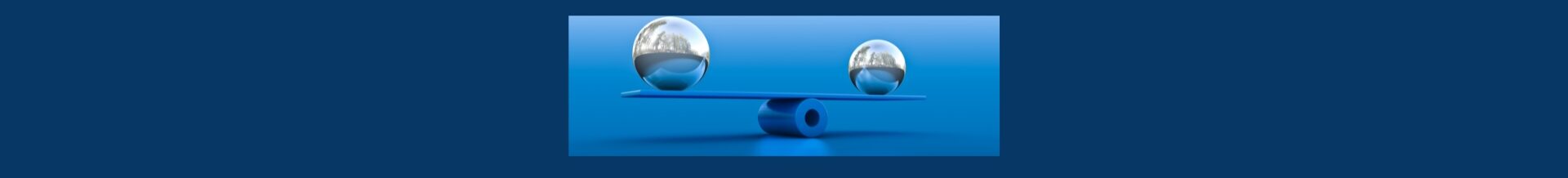 Balancing Quantity And Quality In Content Creation. Dark blue background. Light blue square. a blue balance beam, with a thick tube at the bottom, silver balls on each end, balanced.