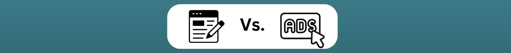 Content Marketing Vs. Traditional Marketing Methods. Navy blue background, white oval, black and white graphics. on theleft a square with header all black with 3 small white dots, a black swuare with two thick lines to the right, next 3 thick black lines going down, outline of pencil. on the right, a bloc square with rounded ends, ADS in the center.