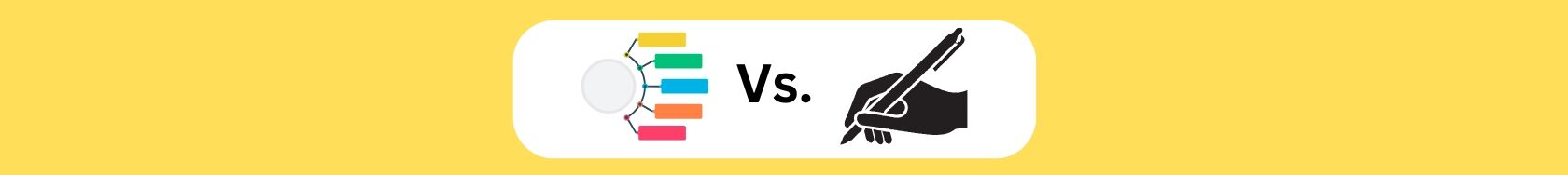 Infographics Vs. Written Content For Engagement. Yellow background. White oval. a infograph with a small grey circle to the left, black lines going out to different colored blocks ( yellow, green, blue orange and pink). Vs. in black letters A graphic of a hand holding a pen in black.