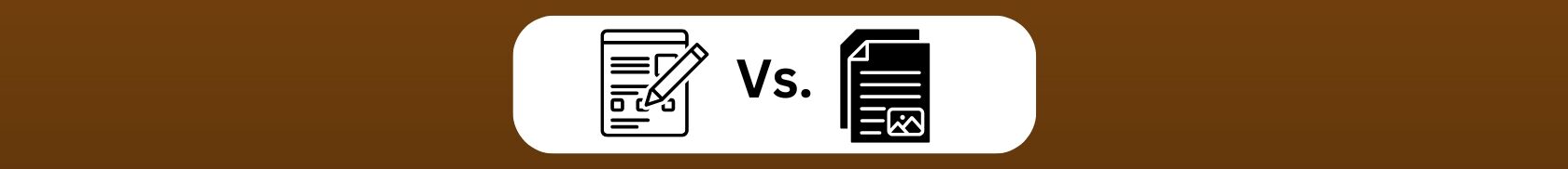 Short-form Vs. Long-form Content Performance. Medium brown background. white oval in the center with black and white graphics. On the left short form ( solid line on the top, three short lines, a square, space then two lines, 3 small squares, space, two line and a outline of a penicil. On the right long-form black with 6 white lines, a small square with the image logo of mountains and a small circle, the top left corner folded in, and the top and left side of another page behind.